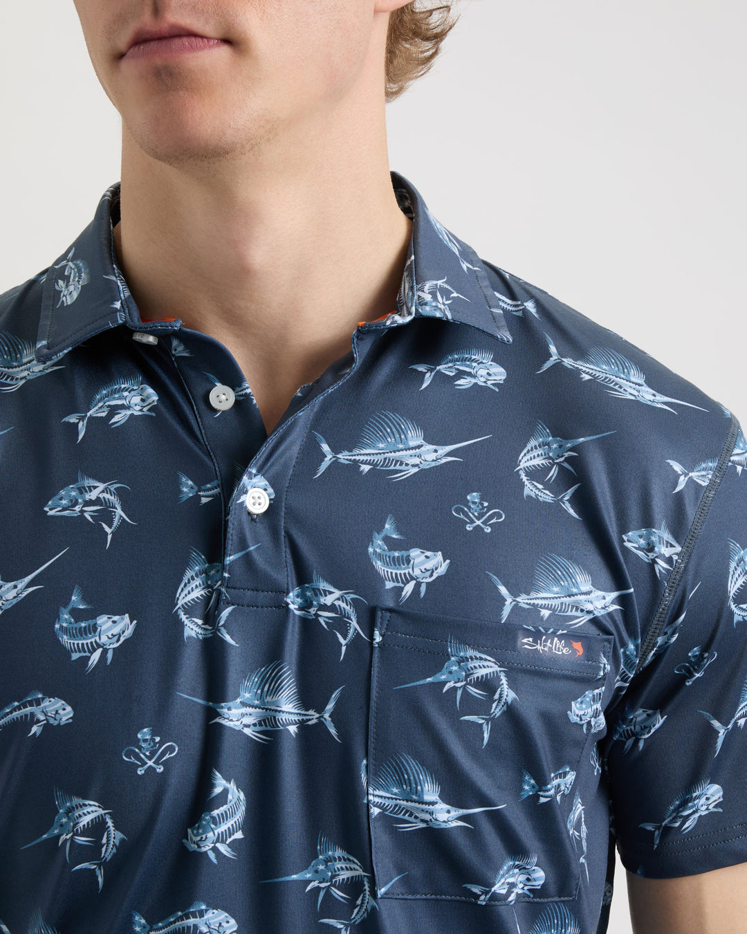 dead fish polo Salt Life - Men's Fish N' Bones Americana SLX Performance Polo, Navy